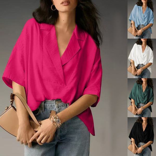 Lapel Casual Loose Top Solid Color