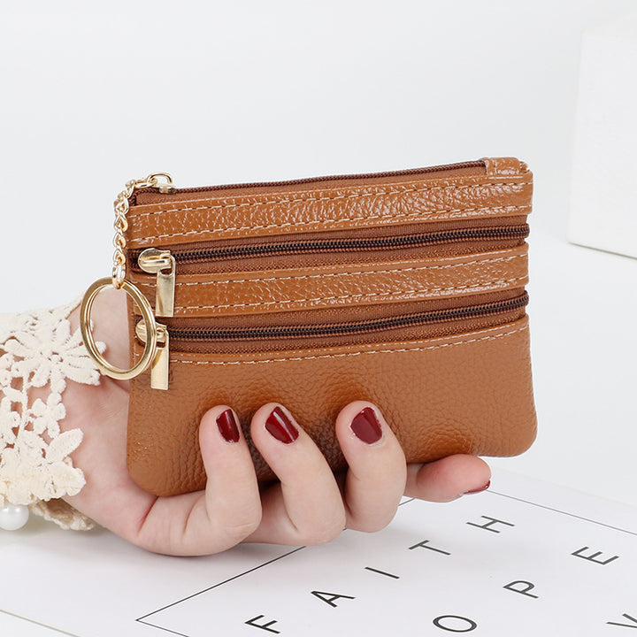 Women's Coin Purse Short and I in brown PU leather with multiple zippers and keychain.