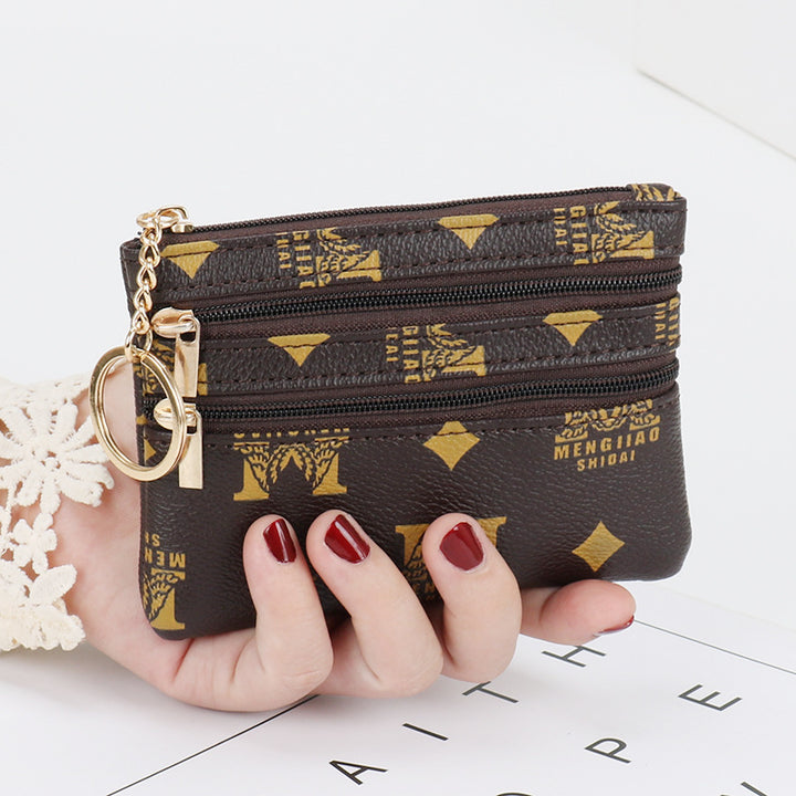 Women's Coin Purse Short and I in brown PU leather with multiple zippers and keychain.