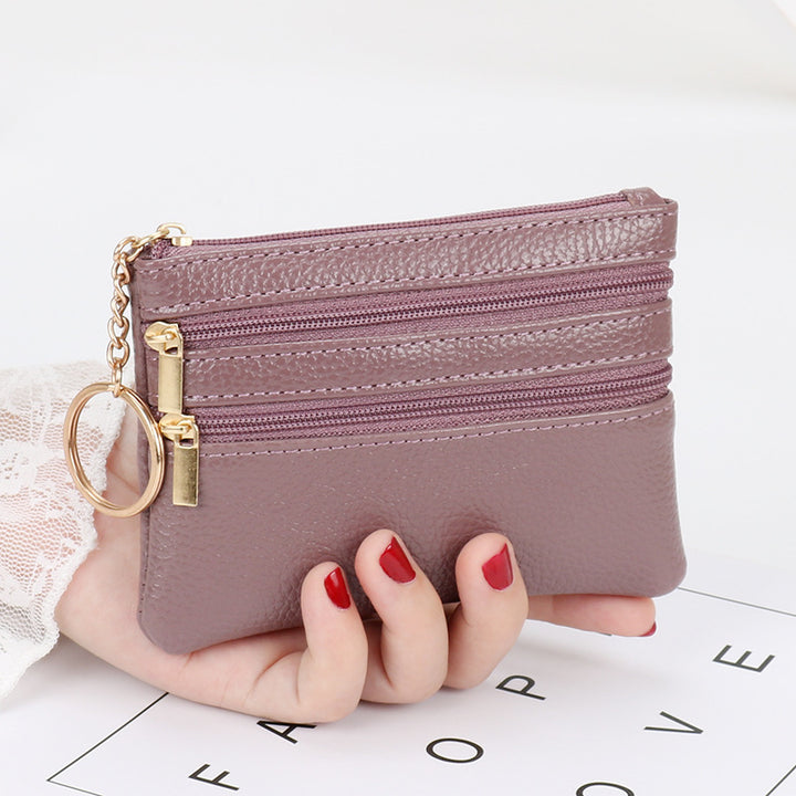 Women's Coin Purse Short and I in brown PU leather with multiple zippers and keychain.