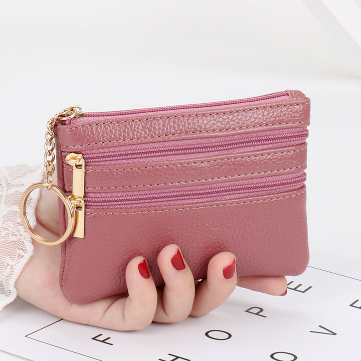 Women's Coin Purse Short and I in brown PU leather with multiple zippers and keychain.